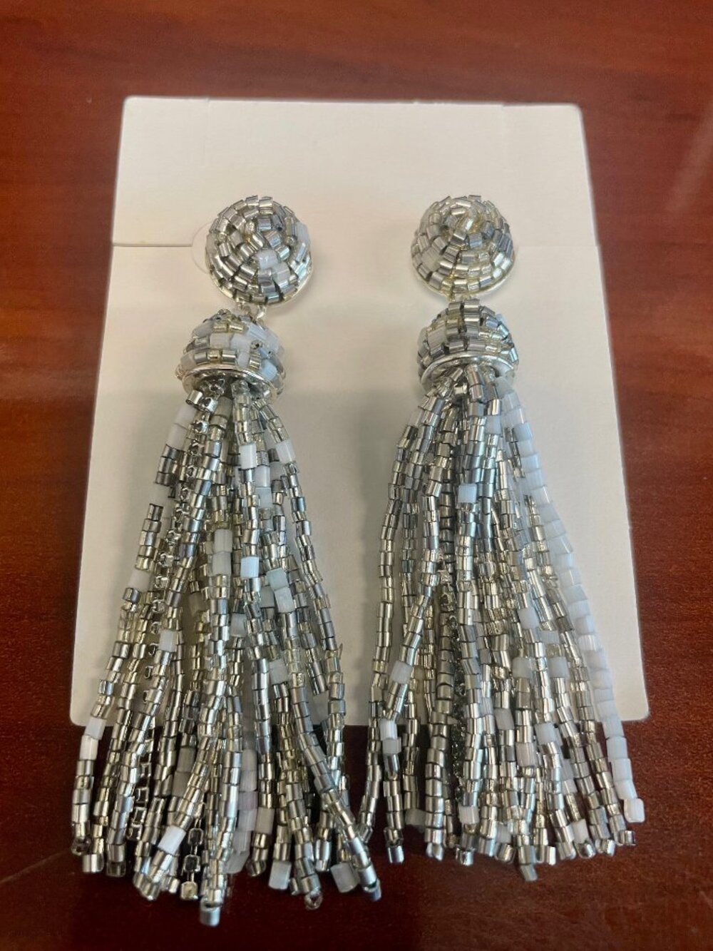 Loft Silver beaded tassel statement earrings. NWOT (never worn).
